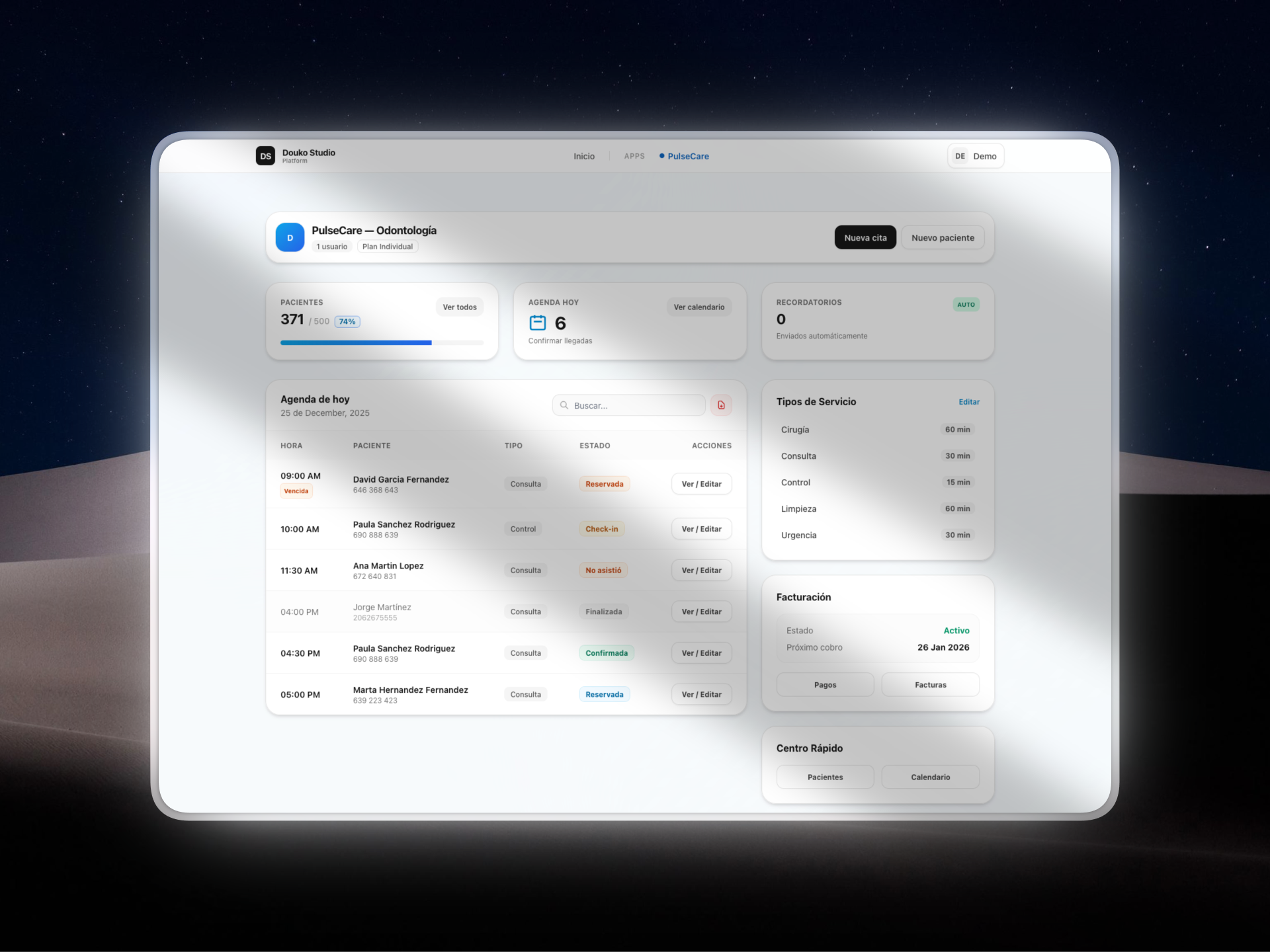 Interfaz de PulseCare Dashboard